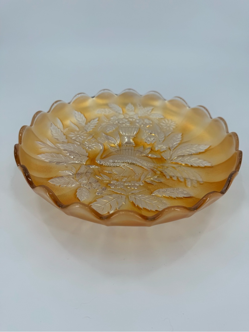 Antique Millersburg Peacock and Urn Marigold Carnival Glass Ice Cream Bowl